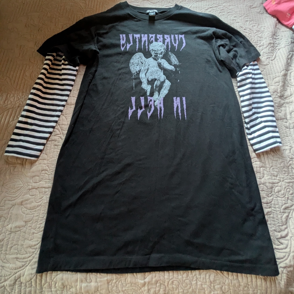 Gothic Hot Topic Black Graphic Tee Dress with Layered Sleeves